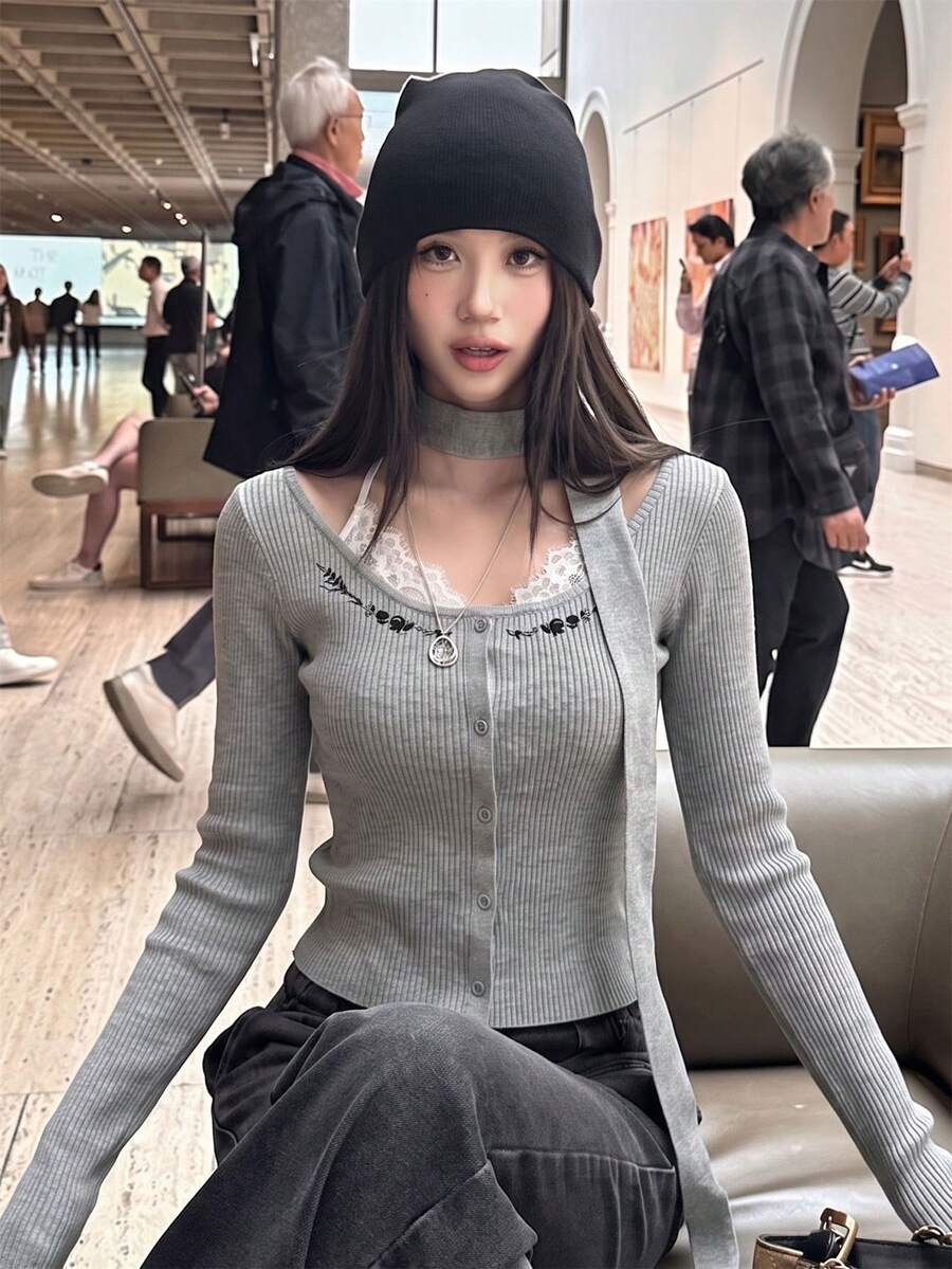Autumn/Winter Korean Sweet Style Halter Neck Tie Lace Patchwork Contrast Color Knit Top Women's Large Scoop Neck Embroidered Ribbed Base Layer Fall - Grey - View 1