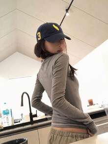 Women's Slim Fit Henley Button Long Sleeve Base Layer T-Shirt, Thin Crew Neck Top For Spring - Light Grey - View 8