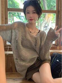 Autumn New Loose Hollow-Out Distressed Slouchy Long Sleeve Air Conditioning Shirt Sun Protection Top - Grey - View 2