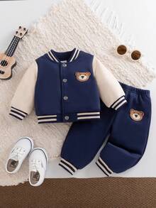 Spring/Autumn Boys' College Style Bear Baseball Jacket 2-Piece Set, Colorblock Raglan Long Sleeve With Cream Contrast Striped Collar, Cuffs And Hem, Matching Same-Color Elastic Cuffed Sweatpants, Suitable For School, Sports, Outings And Preschool, Cute Casual Outfit For Toddlers And Young Children - Royal Blue - View 3