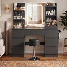 Devoko Vanity Table With LED Mirror & Power Outlet, Dressing Table With 7 Drawers, Hair Dryer Holder & Jewelry Hooks, White/Black/Pink - 查看 1