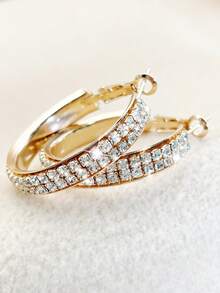 1 Pair Fashionable Exquisite C-Shaped Full Rhinestone Inlaid Double Row Rhinestone Hoop Earrings Shiny Bling Bling White Gold - Party Gift Holiday Daily - Gold - View 3