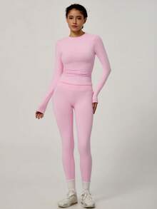 NcmRyu Women's One Set Solid Color Seamless Round Neck Short Sleeve Butt Lifting Tight Cropped Pants Sports Outfit - Pink - View 3
