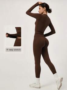 NcmRyu Women's One Set Solid Color Seamless Round Neck Short Sleeve Butt-Lifting Tight Cropped Pants Sports Set - Mocha Brown - View 11