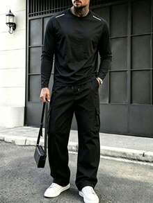 Men's Fashion Minimalist Long Sleeve T-Shirt & Cargo Wide Leg Pants 2-Piece Casual Set - Black - View 3