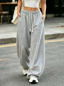 1pc Women's Autumn/Winter Minimalist Versatile Outdoor Walking Running, Daily Fitness Commuting Elastic Waist Curved Hem Design Sweatpants Sports - Light Grey - View 4