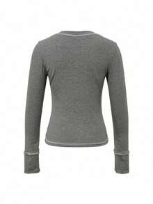 Women's Slim Fit Henley Button Long Sleeve Base Layer T-Shirt, Thin Crew Neck Top For Spring - Light Grey - View 11