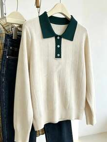 Soft Ribbed Colorblock Polo Knit Sweater Women Spring Autumn Versatile Slim Fit Base Layer Top - Apricot - View 2