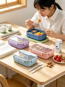 1pc Lunch Box With Utensils, Low-Calorie Meal Box, Salad Bowl, Salad Container, Bento Box, Food Divider Storage, Microwave , Dishwasher , Suitable For Outdoor, Office, School, Portable Leak-Proof Fresh-Keeping Box With Lid And Spoon, Low-Calorie Picnic Box - View 3