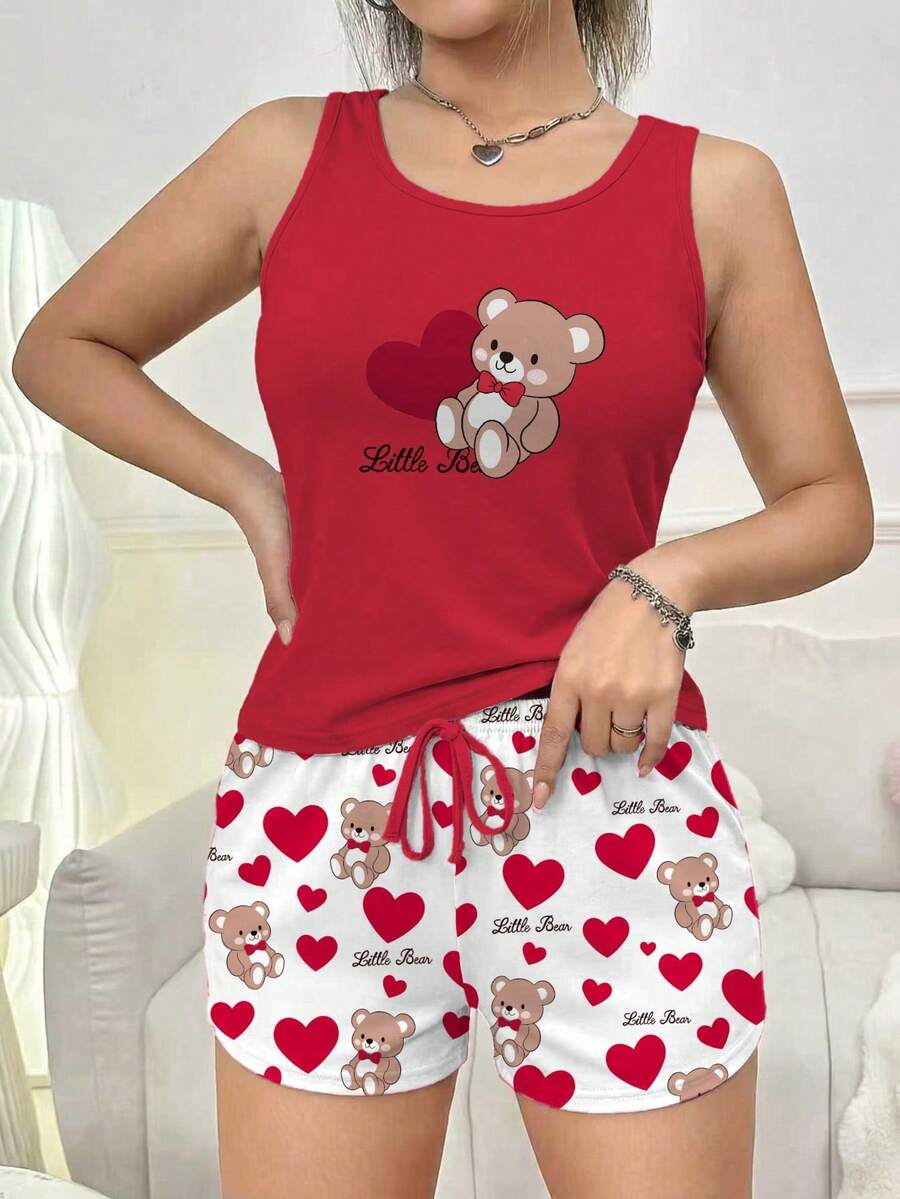 Set Piyama Kasual Wanita Motif Beruang dan Hati (Kamisol dan Celana Pendek) - MultiWarna - View 1
