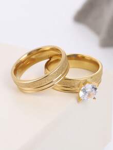 1Pair Romantic Sandblast Texture Matching Rings For Couples Stainless Steel His & Hers Wedding Bands, Perfect Valentine's Day & Engagement Gift - Gold - View 4