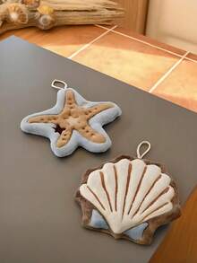 Cute Ocean Theme Hanging Towel, Soft Absorbent Plush Material, Starfish And Shell Design, With Hanging Ring, Suitable For Bathroom And Kitchen Decoration - Coffee Brown - View 2