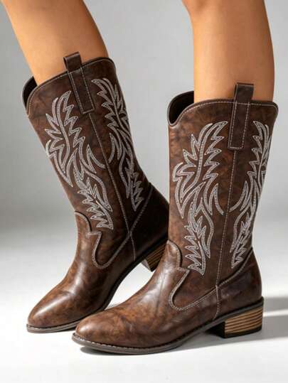 Women's Western Boots, Brown Slip-On Embroidered Boots, Bohemian Vacation Boots, Low Heel Riding Tall Boots