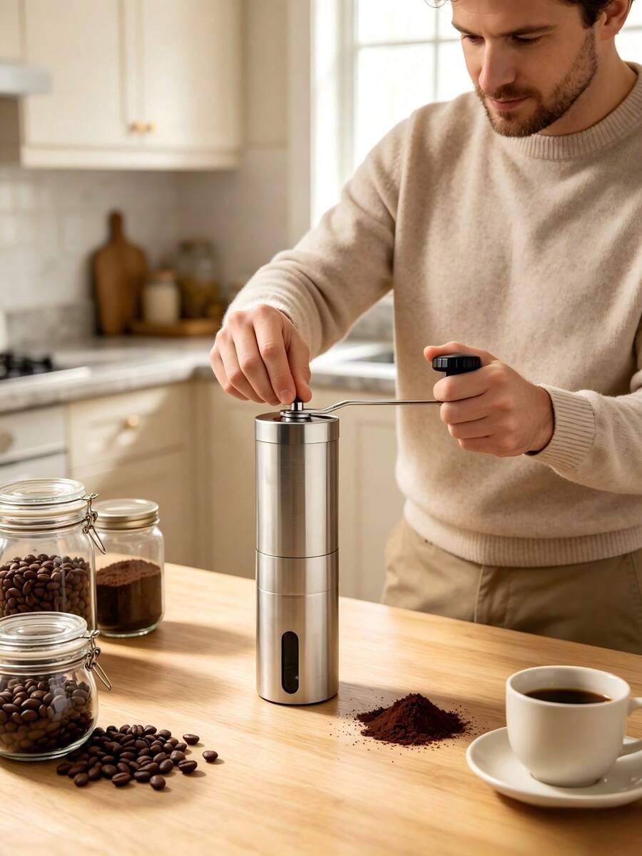 مطحنة قهوة يدوية من الفولاذ المقاوم للصدأ، محمولة للاستخدام أثناء التنقل، قابلة لتعديل درجة الطحن، قهوة مطحونة موحدة، حاوية مسحوق مرئية، حجم مدمج 18*4.8 سم، مناسبة للاستخدام المنزلي والخارجي - لون عشوائي - مشاهدة 1