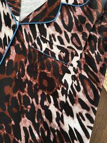 Women's All-Over Leopard Print Front Button Pajama Set, Contrast Trim Lapel Long Sleeve Long Pants 2 Pieces Loungewear Set - Multicolor - View 6
