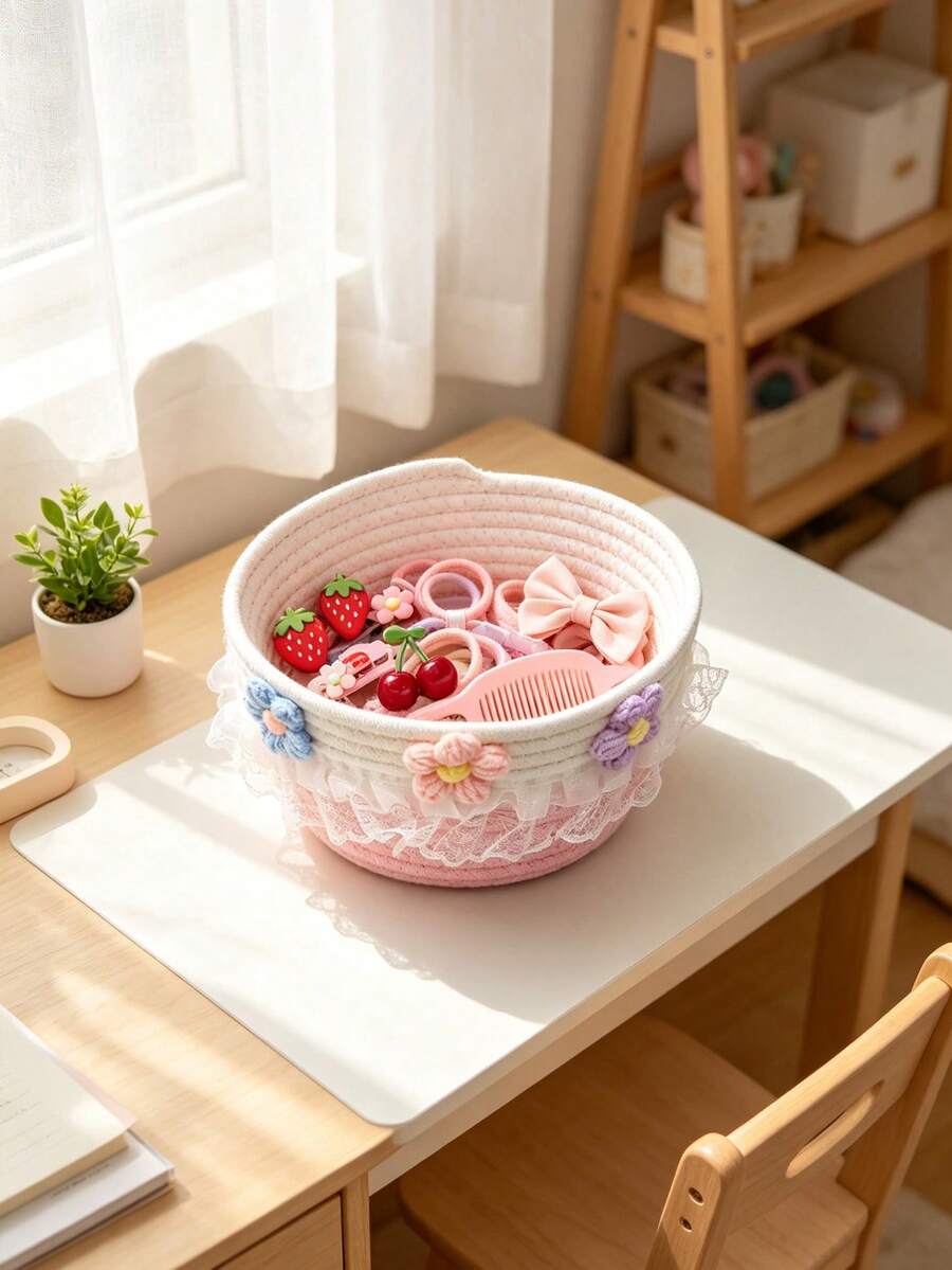 1pc Pink & White Cotton Rope Storage Basket, Lace Ruffle Woven Flower Storage Bucket, Suitable For Baby Room, Baby Supplies, Girls Room Decor, Storage Container - Multicolor - View 1