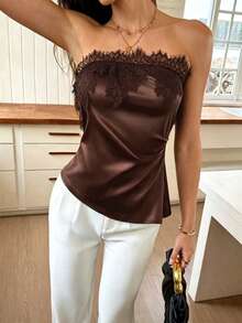 Women's Solid Color Sleeveless Bandeau Lace Patchwork Top, Black Vacation Top, Sexy Women's Top Summer - Brown - View 7