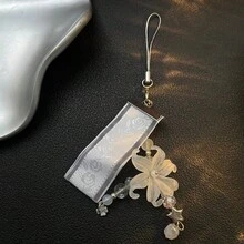 鑰匙圈DIY配件 手鍊珠飾吊墜 藍色與粉色花朵 手機鍊腕帶 串珠吊飾 相機吊飾 高端Ins風短鍊 - 白色 - 查看 1