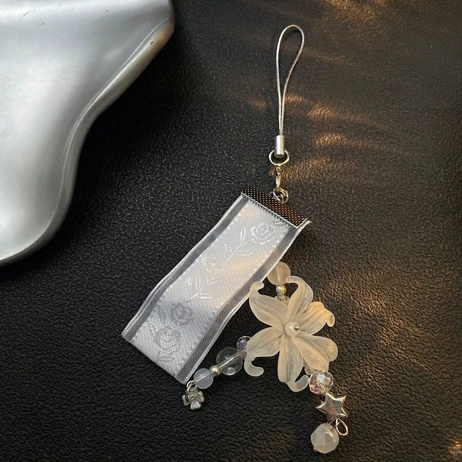 鑰匙圈DIY配件 手鍊珠飾吊墜 藍色與粉色花朵 手機鍊腕帶 串珠吊飾 相機吊飾 高端Ins風短鍊 - 白色 - 查看 1
