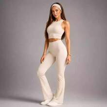 Calça Flare Feminina Cintura Alta Fitness Academia Yoga Tecido Grosso Zero Transparência - OFF WHITE - Visão 8