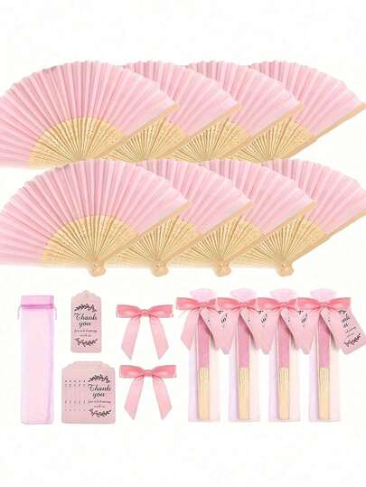 40/20/12/4pcs Pink Wooden Folding Fan Gift Bag Thank You Card Set, Thank You Card, Bridesmaid Gift And Wedding Decor, Perfect Wedding Gift, Wedding Decoration, Suitable For Party And Event, Women's Folding Fan