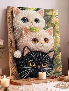 New Pearl Painting Pearl Inlaid Kitten Crafts Theme Frameless Diy Handmade Sticky Diamond Creative Canvas Art Painting, Suitable For Bedroom Decoration, Living Room Hanging Paintings, Artwork, Suitable For Holiday Gifts - A - View 2