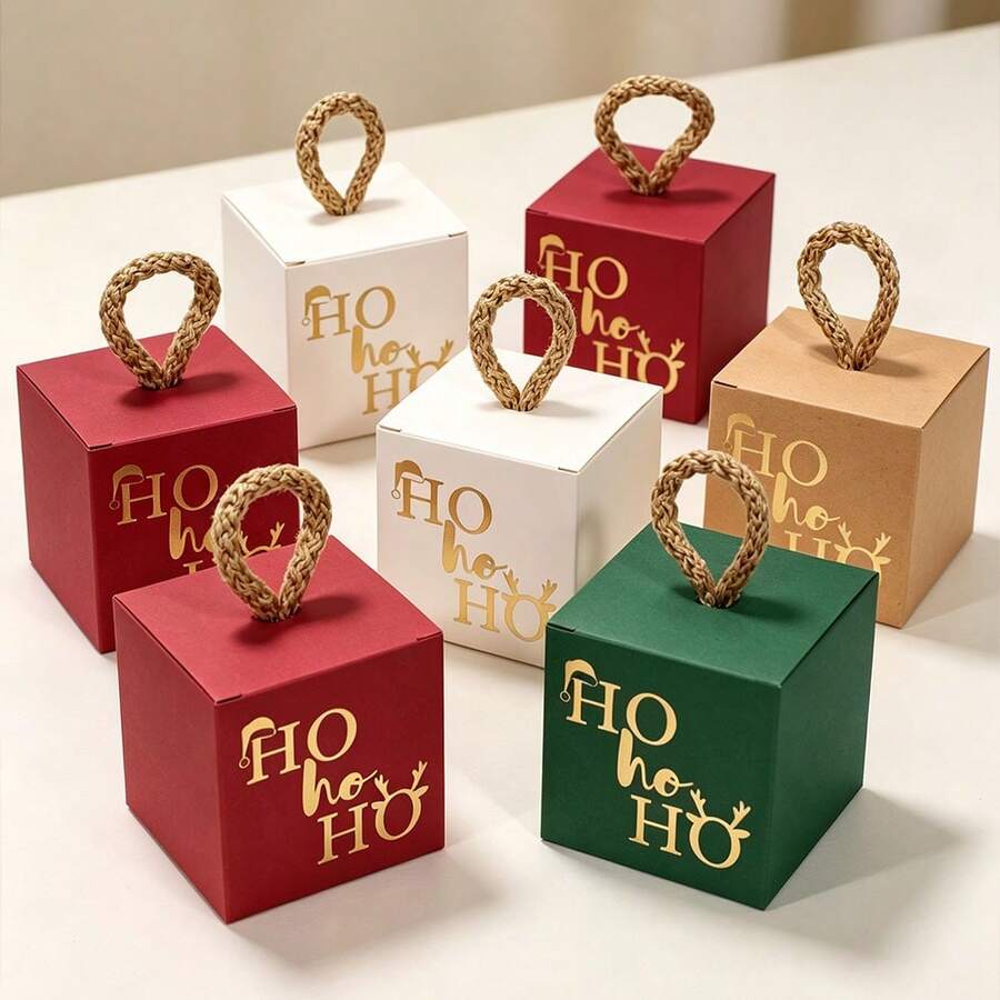 5入聖誕正方體禮物盒，附繩環手柄，紅、綠、白與牛皮紙色，金色燙金 Ho Ho Ho 設計，迷你節日禮物盒，適用小禮物、聖誕樹裝飾、派對伴手禮與節慶禮品包裝