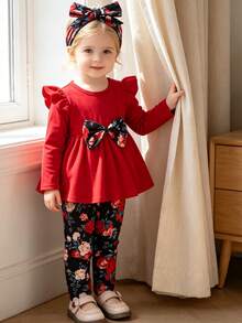 Conjunto de niña bebé de otoño/invierno: blusa de manga larga con estampado de flores moradas y pantalones de unicolor - Morado - Ver 3