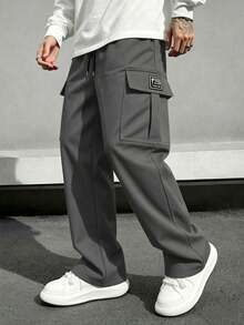 Pantalones cargo casuales holgados con cintura con cordón y múltiples bolsillos de unicolor para hombre - Gris - Ver 1