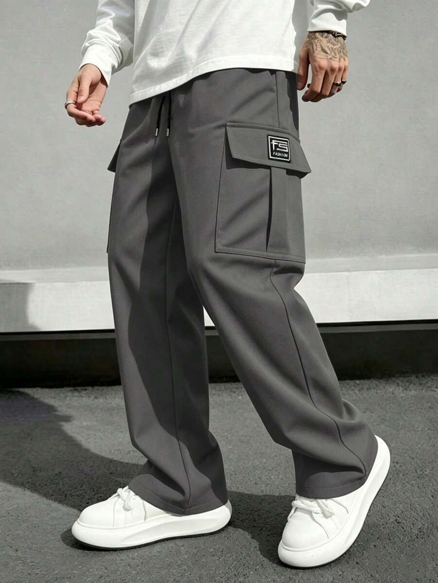 Pantalones cargo casuales holgados con cintura con cordón y múltiples bolsillos de unicolor para hombre - Gris - Ver 1