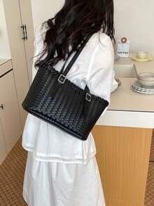 Commuter Handmade Woven Bag 2026 Spring/Summer New Large Capacity Textured Tote Bag Shoulder Handbag - Black - View 4