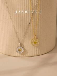 1 pieza Collar con colgante de margarita de diamantes de plata de ley S925, Collar de plata de ley, Chapado en oro de 14K, Collar de oro, Collar para mujer, Incrustado con diamantes amarillos, Collar de flor, Diseño único, Elegante versátil de alta gama, Adecuado para el uso diario y reuniones de mujeres - Multicolor - Ver 3