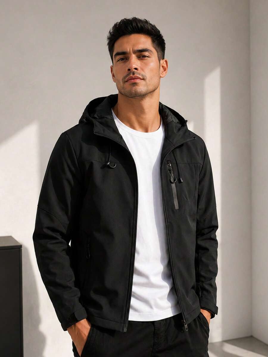 1pc Men's Jacket, Hooded Zip-Up Jacket, Durable Material Anti-Pilling, Multi-Pocket Outdoor Functional Casual, Suitable For Hiking, Camping - Black - View 1