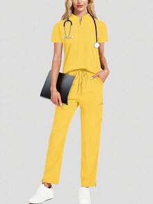 Women's Scrub Set, Solid Color Dental Hospital Uniform Set, Lab Hospital Pet Care Jogger Pants Set - Mustard Yellow - View 1