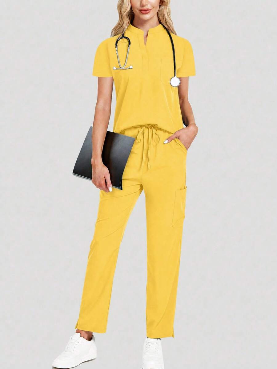 Women's Scrub Set, Solid Color Dental Hospital Uniform Set, Lab Hospital Pet Care Jogger Pants Set - Mustard Yellow - View 1