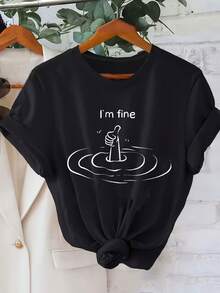 Autumn Outfit,  Printed Round Neck T-Shirt In Plus Size, Casual Short Sleeve T-Shirt For Spring And Summer, Fast Local Delivery - 黑色 - 查看 2