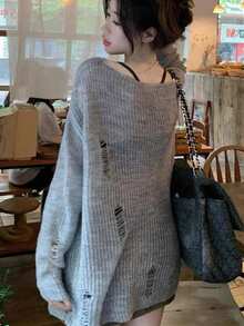 Autumn New Loose Hollow-Out Distressed Slouchy Long Sleeve Air Conditioning Shirt Sun Protection Top - Grey - View 3