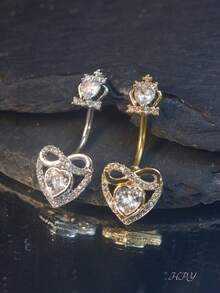 1pc Princess Style Stainless Steel Crown Heart Bow Inlaid Zirconia Dangle Belly Button Rings Belly Piercing Jewelry For Women Daily Wear Party Beach - Multicolor - View 2