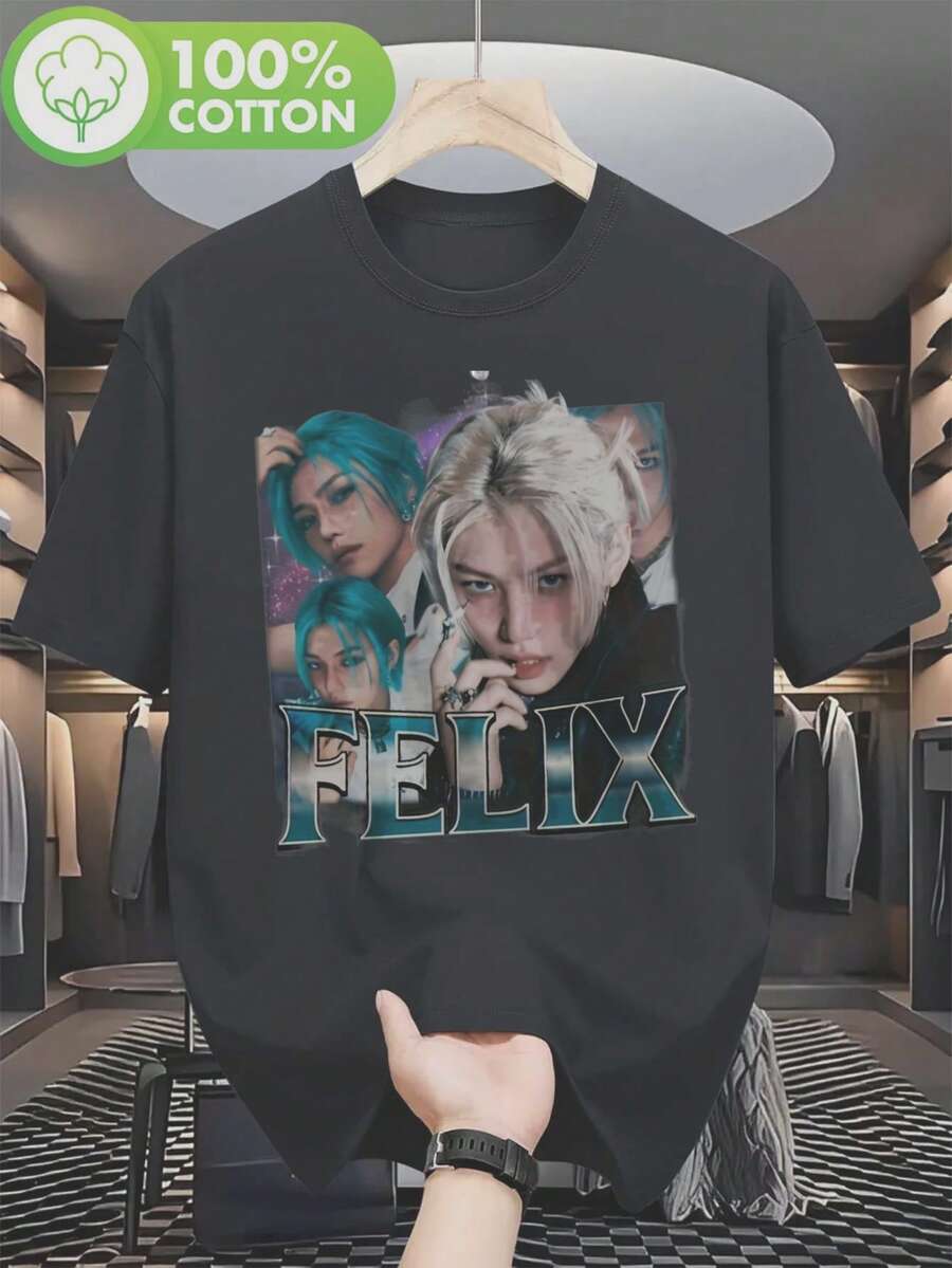 Camiseta cómoda con estampado de en color - Temática retro K-pop, Arte Cósmico, top de manga corta, 100% unisex, versión regular, diseño exclusivo para regalos de conciertos y fans del - Negro - Ver 1