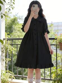 1件蘿莉塔仙女洋裝，夏季彼得潘領結泡泡短袖荷葉邊裙襬女款洋裝，適合日常穿著，黑色 - 黑色 - 查看 5