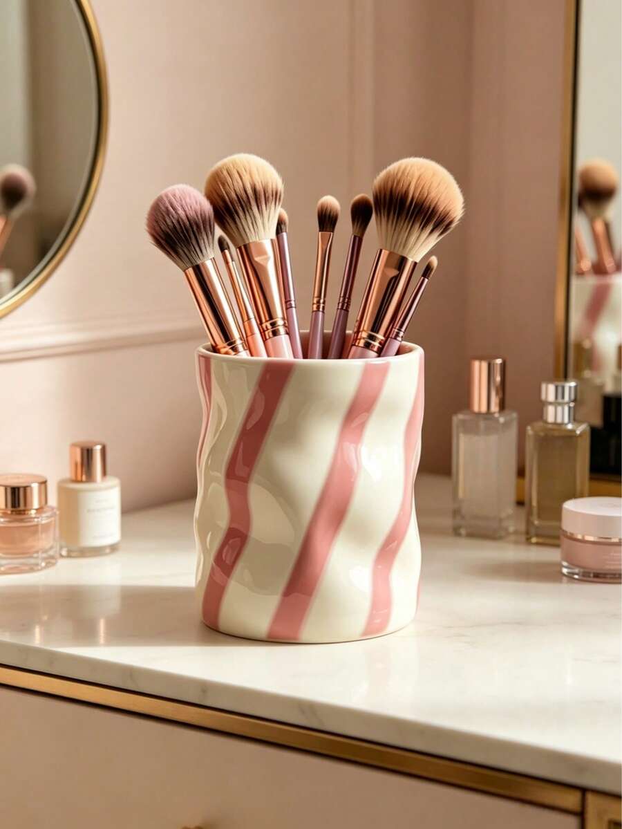 Red & White Striped And Pink & White Striped Resin Makeup Brush Holder, Decorative Cosmetic Storage Box For Vanity, Cute Makeup Brush And Pen Cup, Desktop Organizer For Makeup Brushes And Office Supplies, Elegant Makeup Brush Holder, Ideal For Girls, Students And Creative Decor Design (No Power Required) - Multicolor - View 1