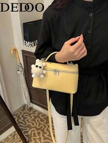 Dedoo 1件純色荔枝紋PU方形斜挎包 女款小錢包 日常時尚百搭款 奶油黃女包（吊飾隨機款式） - 黃色 - 查看 11