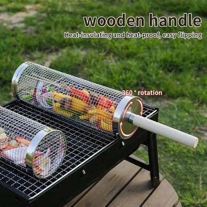 304 Stainless Steel Cylindrical BBQ Rotating Basket, Round Grill Mesh Tube, Rust-Proof Dishwasher BBQ Cage, Portable Outdoor Camping Picnic Backyard Party Cooking Grilling Tool
