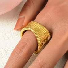 Thick Stainless Steel 18K Gold Plated Wave Wide Face Open End Ring, Suitable Both Men Women, Daily Party Street Dance Wear, Hip Hop Punk Jewelry - Gold - View 3