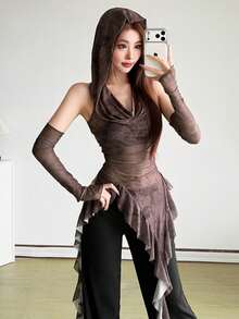 Top Dazzle Fashion Women's Hooded Knit Top, Asymmetrical Hem, Contrast Mesh Sleeves, Perfect For Creating A Look - Brown - View 6