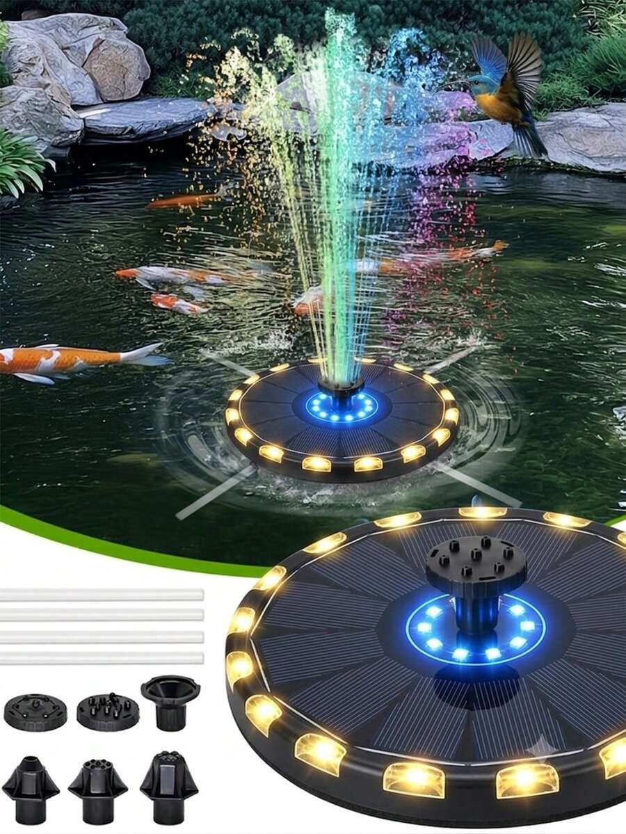 戶外太陽能噴泉水泵，配 RGB 變色 LED 燈，節能浮動水景，適用於花園池塘、鳥浴盆和魚缸，適合景觀美化與露台裝飾