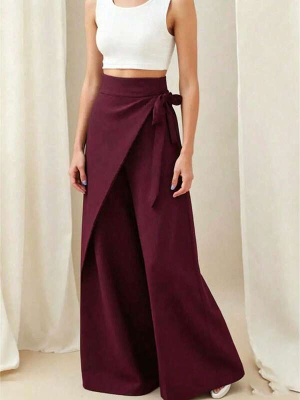 Calças femininas de cintura alta, perna larga, drapeadas, efeito emagrecedor, perna reta, comprimento até ao chão, elegantes, moda, vermelhas