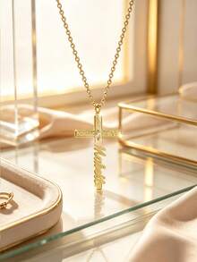 1pc Customized Name Necklace, Stainless Steel Cross Pendant Necklace, Personalized Birthday Gift For Women, Minimalist Daily Style, Comes With Gift Box, Suitable For Valentine's Day, Birthday, Mother's Day, Daily Gifting, Vertical Name Necklace - Multicolor - View 14