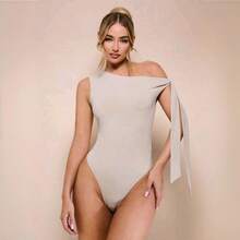 Women's Bodysuit With Tie Bow And Asymmetrical Neckline, Sleeveless, Ideal For Romantic Dates, Casual, Vacation And Summer - 杏色 - 查看 10