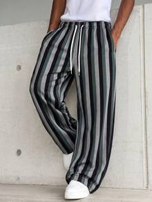 SU ER Men's Summer Striped Loose Drawstring Elastic Waist Casual Wide Leg Long Pants With Drape - Black - View 3